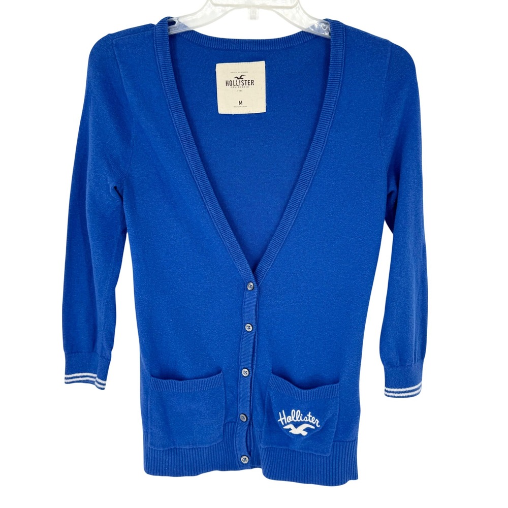 Vintage Y2K Hollister Button Front Embroidered Academia Cardigan Blue/White Sz M